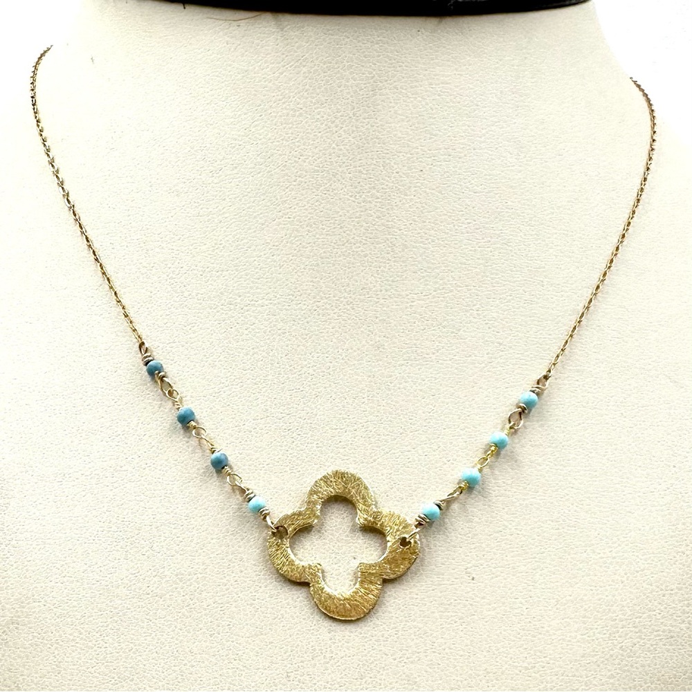 Elegant Gold Filled Clover Pendant Turquoise Bead Necklace